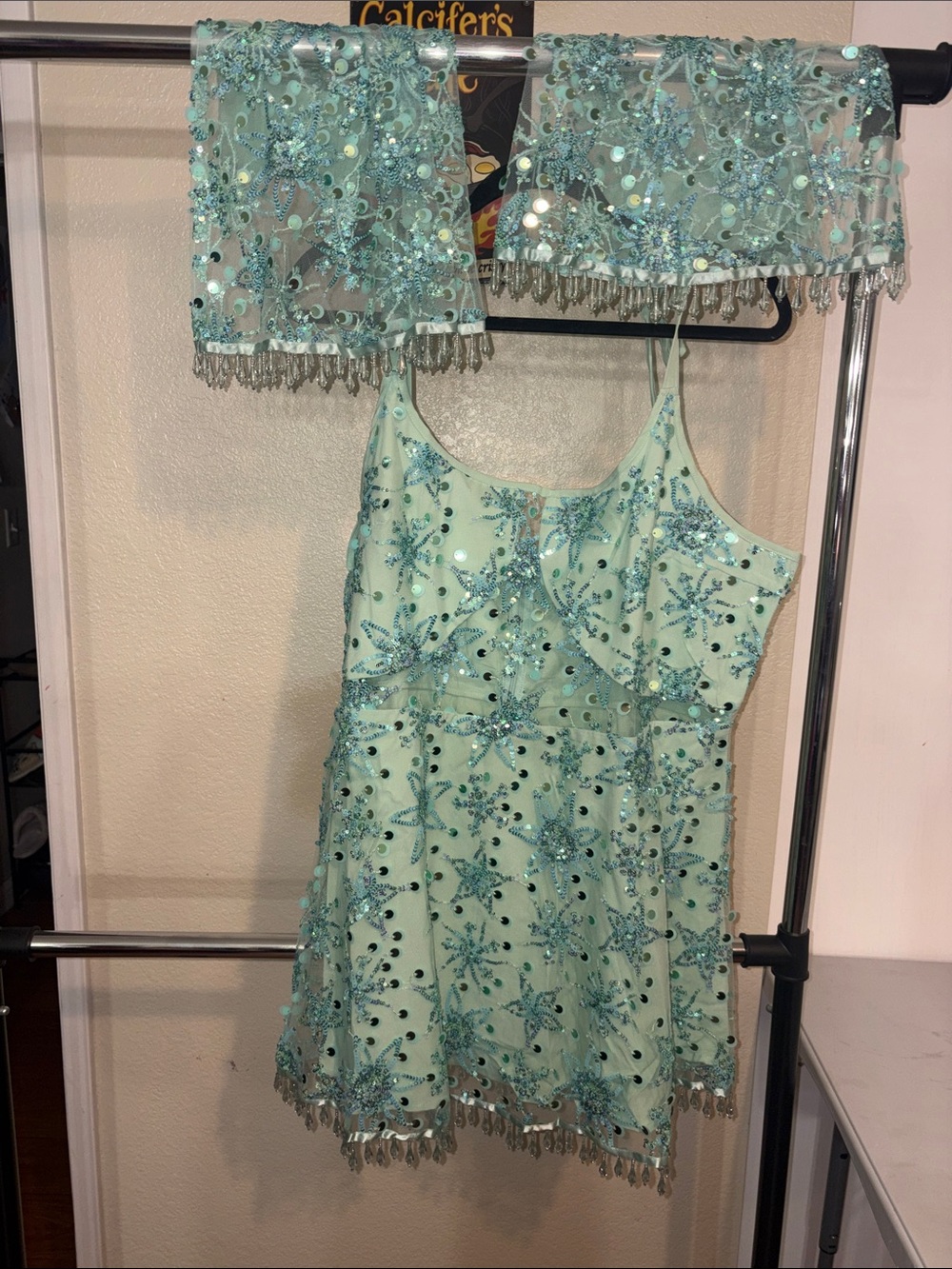 #103 NEW 2XL Sparkling Aqua Sequin Dress with Matching sleeves